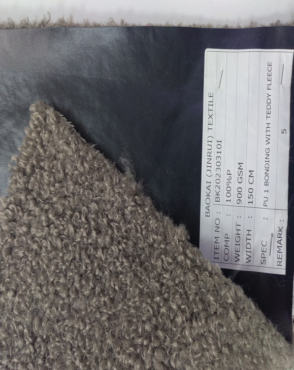 BK20230310I Ultra Heavyweight PU Leather Bonded Teddy Boucle Fur (BK20230310I) - Cuero Sintético PU Bondeado con Peluche Teddy Grueso (900 GSM) wholesale fabric KG China mill